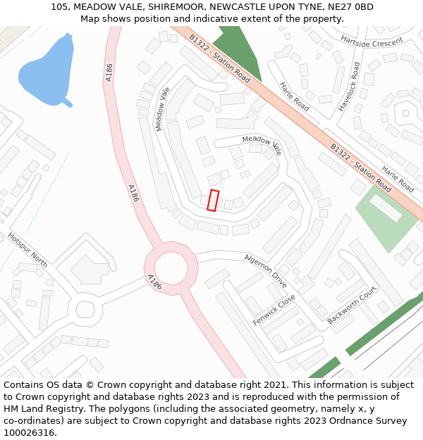 105, MEADOW VALE, SHIREMOOR, NEWCASTLE UPON TYNE, NE27 0BD: Location map and indicative extent of plot