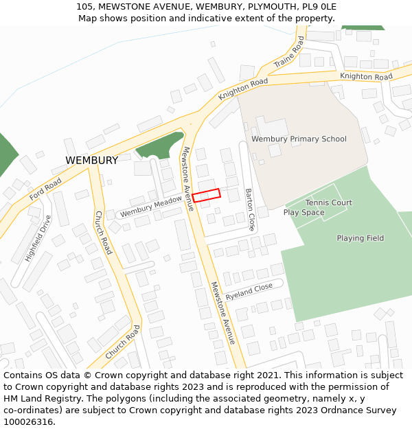 105, MEWSTONE AVENUE, WEMBURY, PLYMOUTH, PL9 0LE: Location map and indicative extent of plot