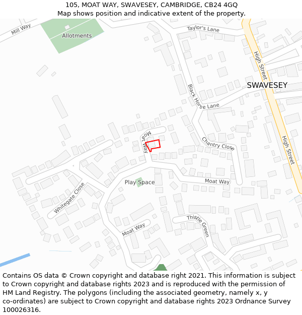 105, MOAT WAY, SWAVESEY, CAMBRIDGE, CB24 4GQ: Location map and indicative extent of plot