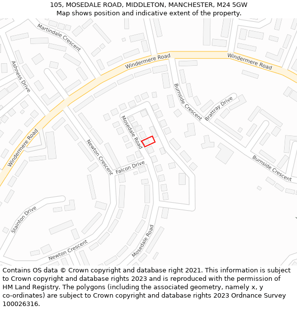 105, MOSEDALE ROAD, MIDDLETON, MANCHESTER, M24 5GW: Location map and indicative extent of plot