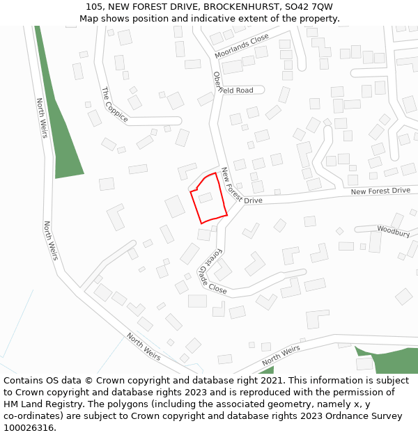 105, NEW FOREST DRIVE, BROCKENHURST, SO42 7QW: Location map and indicative extent of plot