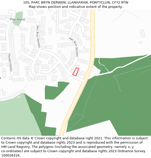 105, PARC BRYN DERWEN, LLANHARAN, PONTYCLUN, CF72 9TW: Location map and indicative extent of plot