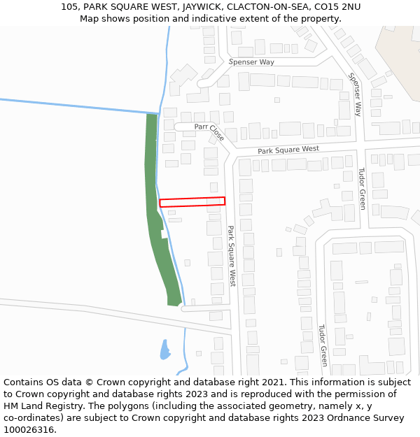 105, PARK SQUARE WEST, JAYWICK, CLACTON-ON-SEA, CO15 2NU: Location map and indicative extent of plot