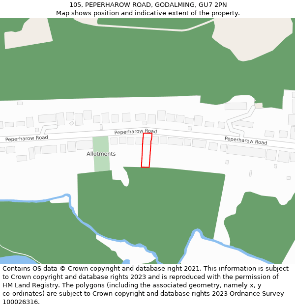105, PEPERHAROW ROAD, GODALMING, GU7 2PN: Location map and indicative extent of plot