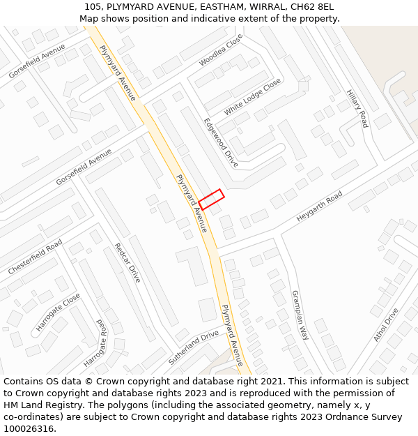 105, PLYMYARD AVENUE, EASTHAM, WIRRAL, CH62 8EL: Location map and indicative extent of plot