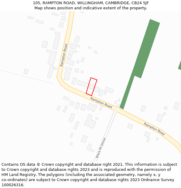 105, RAMPTON ROAD, WILLINGHAM, CAMBRIDGE, CB24 5JF: Location map and indicative extent of plot