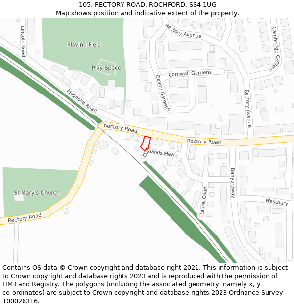 105, RECTORY ROAD, ROCHFORD, SS4 1UG: Location map and indicative extent of plot