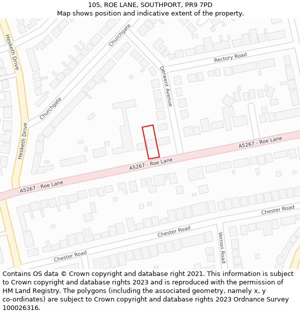 105, ROE LANE, SOUTHPORT, PR9 7PD: Location map and indicative extent of plot