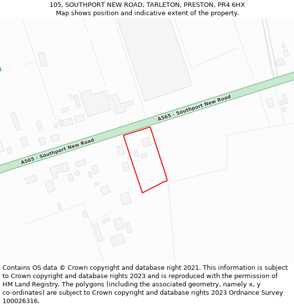 105, SOUTHPORT NEW ROAD, TARLETON, PRESTON, PR4 6HX: Location map and indicative extent of plot