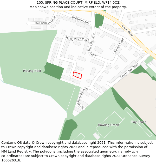 105, SPRING PLACE COURT, MIRFIELD, WF14 0QZ: Location map and indicative extent of plot