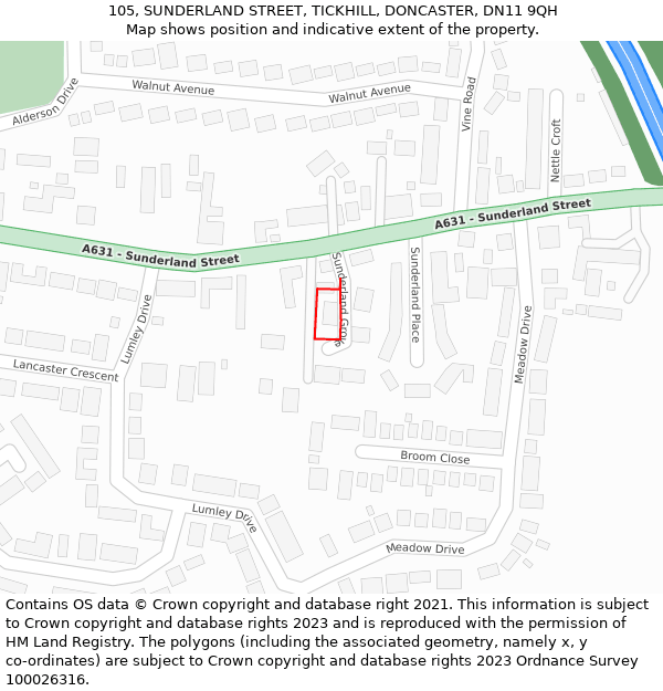 105, SUNDERLAND STREET, TICKHILL, DONCASTER, DN11 9QH: Location map and indicative extent of plot