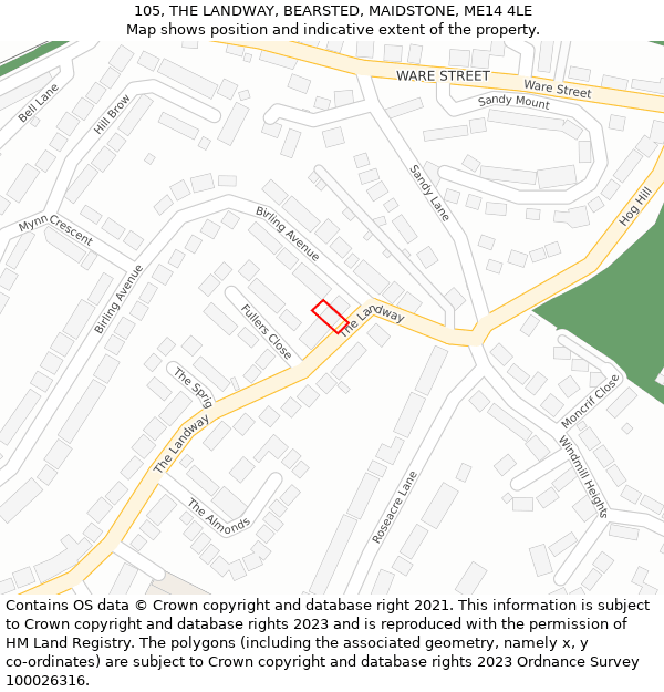 105, THE LANDWAY, BEARSTED, MAIDSTONE, ME14 4LE: Location map and indicative extent of plot