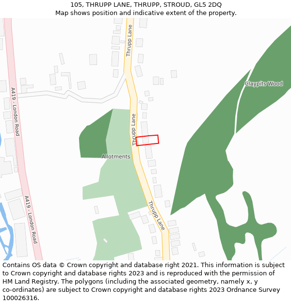 105, THRUPP LANE, THRUPP, STROUD, GL5 2DQ: Location map and indicative extent of plot