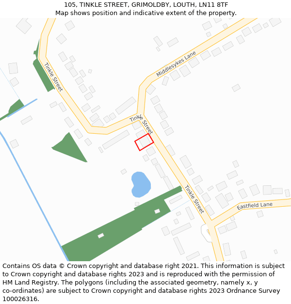 105, TINKLE STREET, GRIMOLDBY, LOUTH, LN11 8TF: Location map and indicative extent of plot