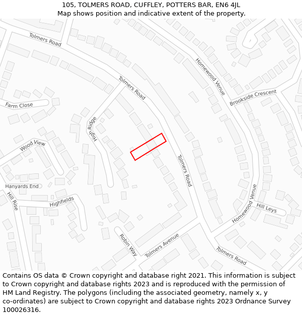 105, TOLMERS ROAD, CUFFLEY, POTTERS BAR, EN6 4JL: Location map and indicative extent of plot