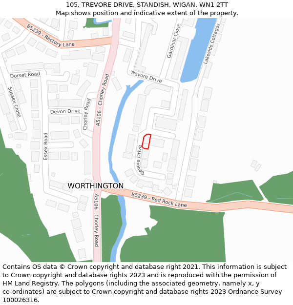 105, TREVORE DRIVE, STANDISH, WIGAN, WN1 2TT: Location map and indicative extent of plot