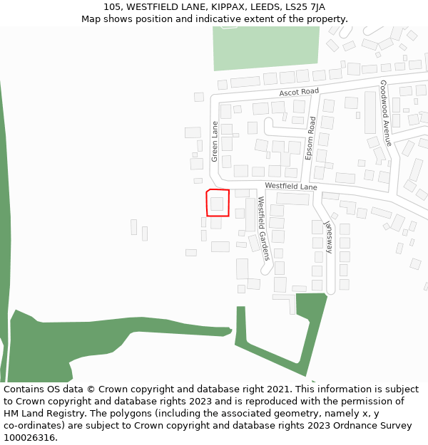 105, WESTFIELD LANE, KIPPAX, LEEDS, LS25 7JA: Location map and indicative extent of plot