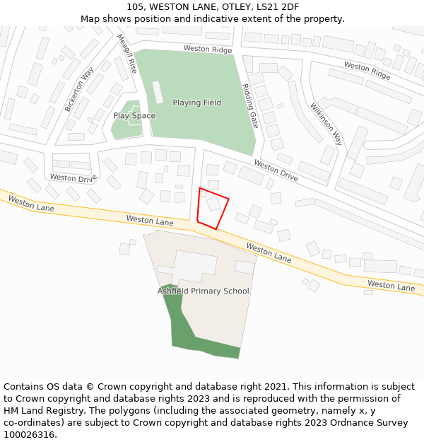 105, WESTON LANE, OTLEY, LS21 2DF: Location map and indicative extent of plot