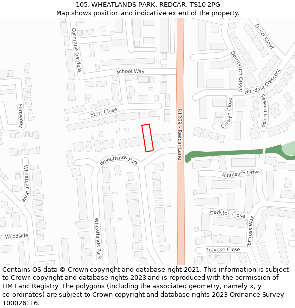 105, WHEATLANDS PARK, REDCAR, TS10 2PG: Location map and indicative extent of plot