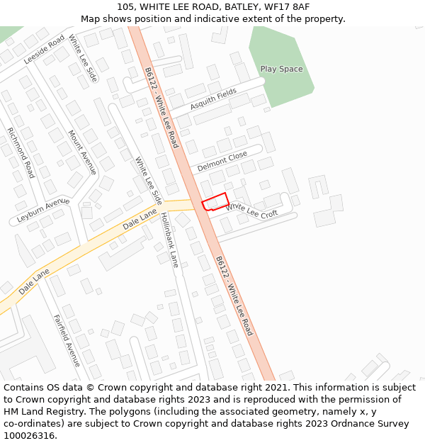 105, WHITE LEE ROAD, BATLEY, WF17 8AF: Location map and indicative extent of plot