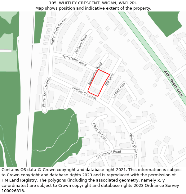 105, WHITLEY CRESCENT, WIGAN, WN1 2PU: Location map and indicative extent of plot