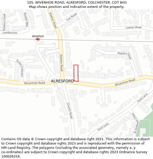 105, WIVENHOE ROAD, ALRESFORD, COLCHESTER, CO7 8AG: Location map and indicative extent of plot