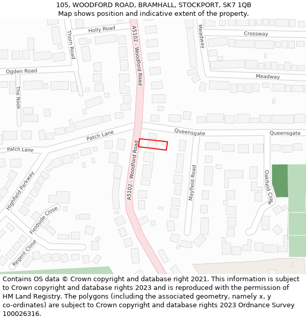 105, WOODFORD ROAD, BRAMHALL, STOCKPORT, SK7 1QB: Location map and indicative extent of plot