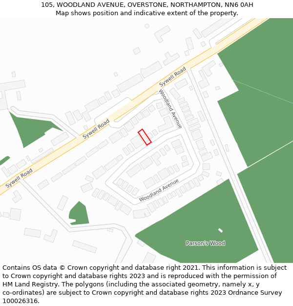 105, WOODLAND AVENUE, OVERSTONE, NORTHAMPTON, NN6 0AH: Location map and indicative extent of plot