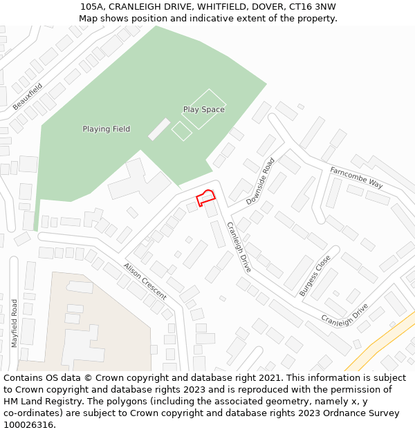 105A, CRANLEIGH DRIVE, WHITFIELD, DOVER, CT16 3NW: Location map and indicative extent of plot