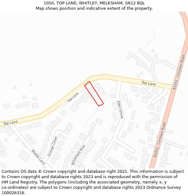 105A, TOP LANE, WHITLEY, MELKSHAM, SN12 8QL: Location map and indicative extent of plot