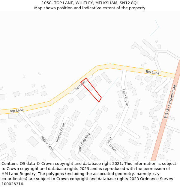 105C, TOP LANE, WHITLEY, MELKSHAM, SN12 8QL: Location map and indicative extent of plot