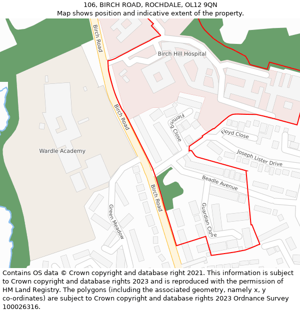 106, BIRCH ROAD, ROCHDALE, OL12 9QN: Location map and indicative extent of plot