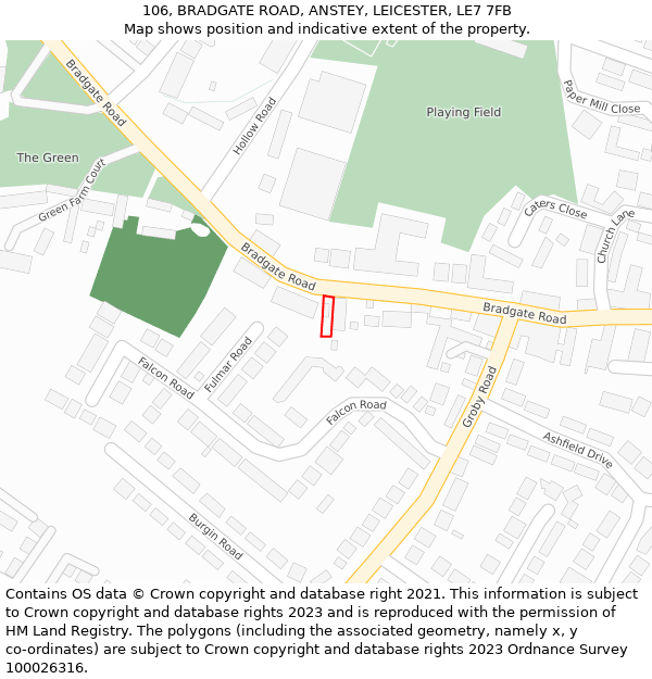 106, BRADGATE ROAD, ANSTEY, LEICESTER, LE7 7FB: Location map and indicative extent of plot