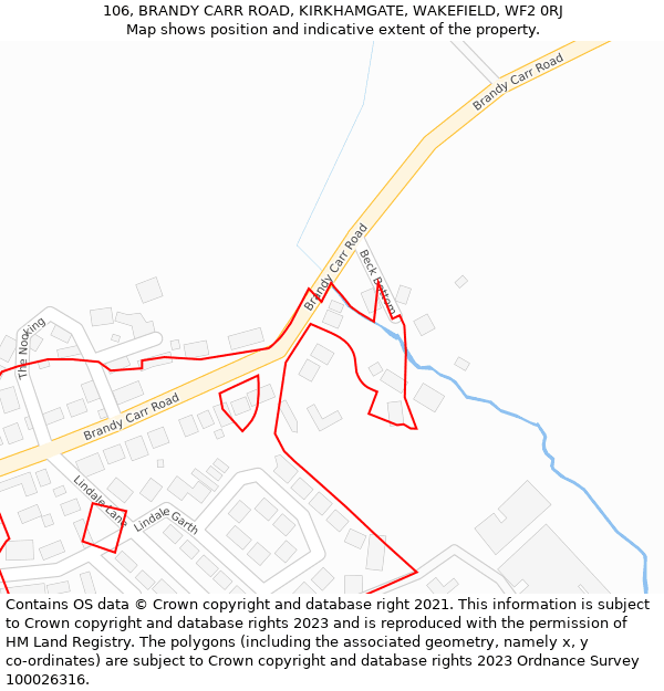 106, BRANDY CARR ROAD, KIRKHAMGATE, WAKEFIELD, WF2 0RJ: Location map and indicative extent of plot