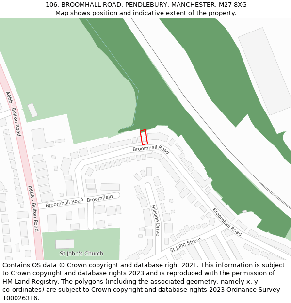 106, BROOMHALL ROAD, PENDLEBURY, MANCHESTER, M27 8XG: Location map and indicative extent of plot
