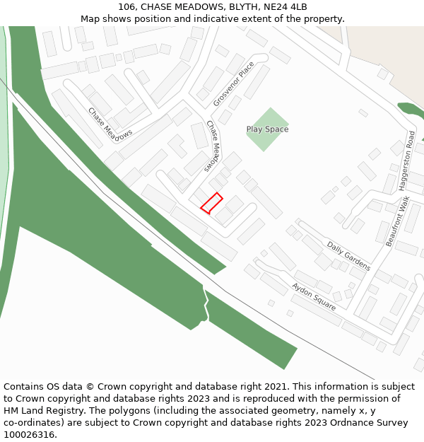 106, CHASE MEADOWS, BLYTH, NE24 4LB: Location map and indicative extent of plot