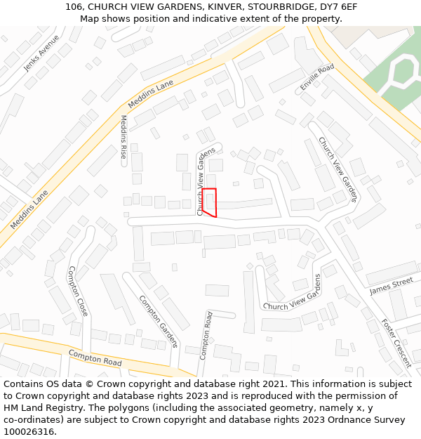 106, CHURCH VIEW GARDENS, KINVER, STOURBRIDGE, DY7 6EF: Location map and indicative extent of plot