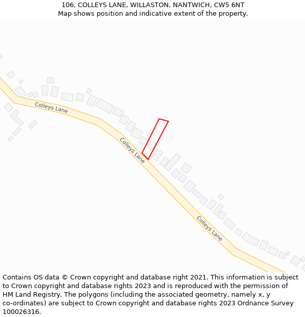 106, COLLEYS LANE, WILLASTON, NANTWICH, CW5 6NT: Location map and indicative extent of plot