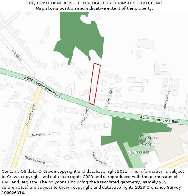 106, COPTHORNE ROAD, FELBRIDGE, EAST GRINSTEAD, RH19 2NU: Location map and indicative extent of plot