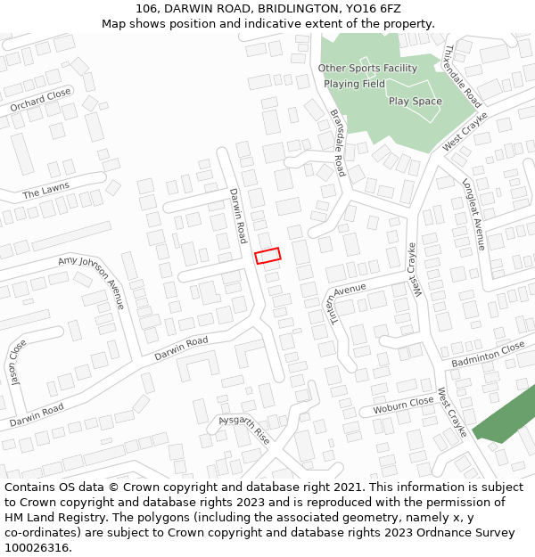 106, DARWIN ROAD, BRIDLINGTON, YO16 6FZ: Location map and indicative extent of plot