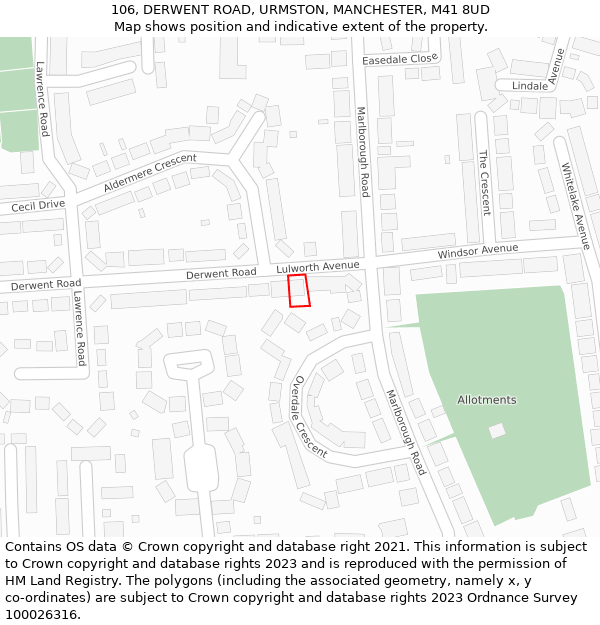 106, DERWENT ROAD, URMSTON, MANCHESTER, M41 8UD: Location map and indicative extent of plot