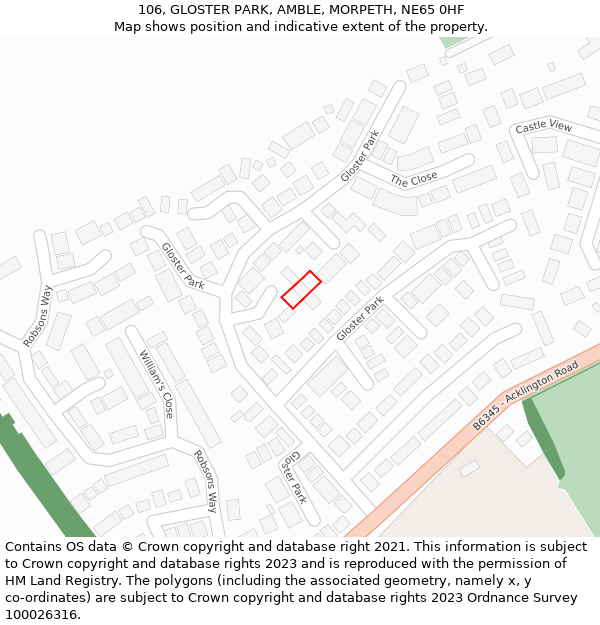 106, GLOSTER PARK, AMBLE, MORPETH, NE65 0HF: Location map and indicative extent of plot