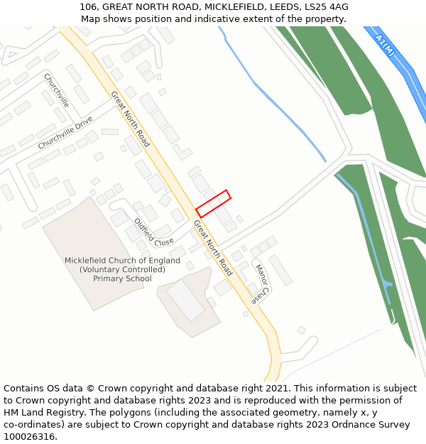 106, GREAT NORTH ROAD, MICKLEFIELD, LEEDS, LS25 4AG: Location map and indicative extent of plot