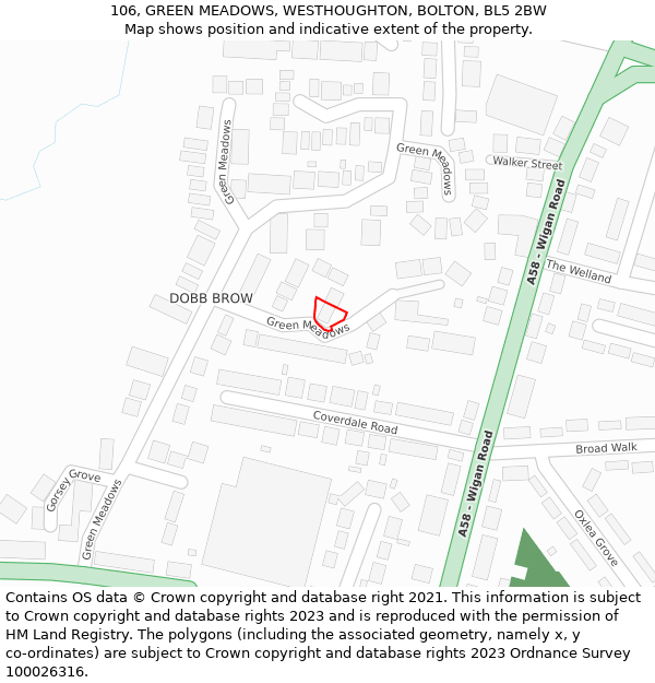 106, GREEN MEADOWS, WESTHOUGHTON, BOLTON, BL5 2BW: Location map and indicative extent of plot