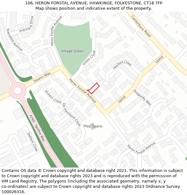 106, HERON FORSTAL AVENUE, HAWKINGE, FOLKESTONE, CT18 7FP: Location map and indicative extent of plot