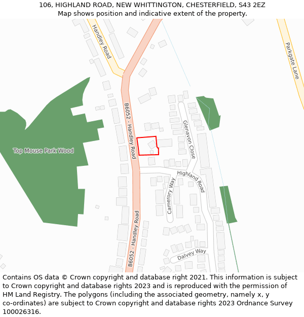 106, HIGHLAND ROAD, NEW WHITTINGTON, CHESTERFIELD, S43 2EZ: Location map and indicative extent of plot