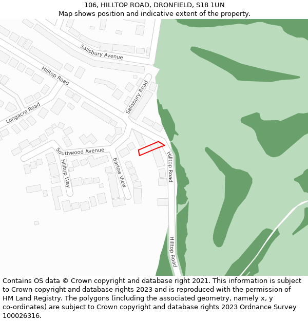 106, HILLTOP ROAD, DRONFIELD, S18 1UN: Location map and indicative extent of plot