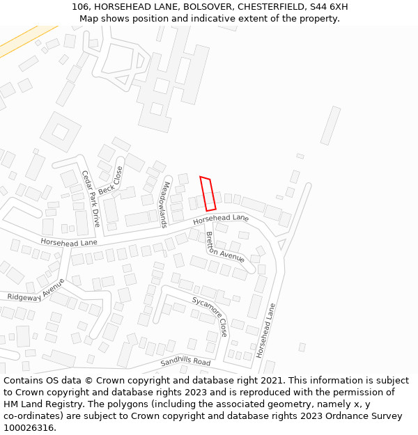 106, HORSEHEAD LANE, BOLSOVER, CHESTERFIELD, S44 6XH: Location map and indicative extent of plot