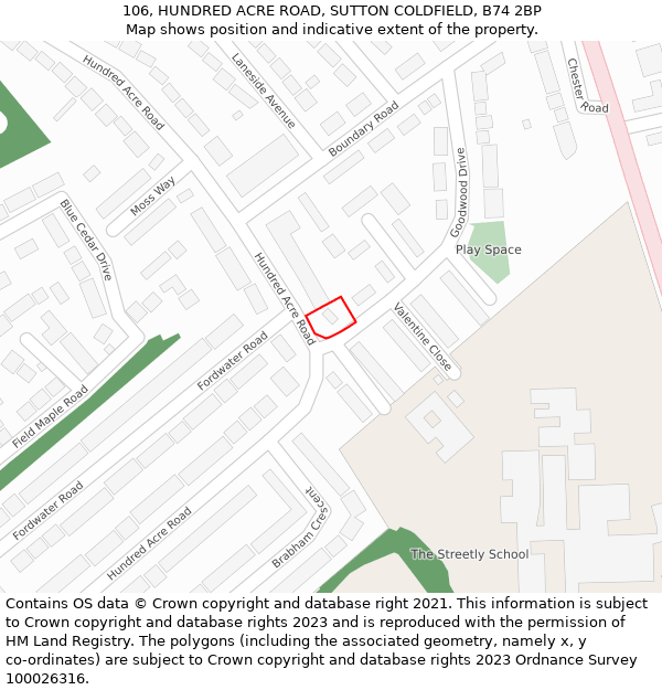 106, HUNDRED ACRE ROAD, SUTTON COLDFIELD, B74 2BP: Location map and indicative extent of plot