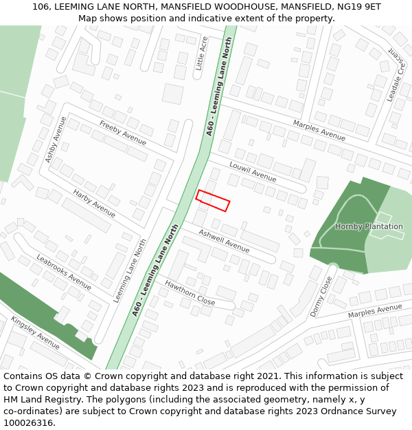 106, LEEMING LANE NORTH, MANSFIELD WOODHOUSE, MANSFIELD, NG19 9ET: Location map and indicative extent of plot